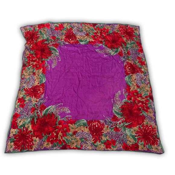 Vintage 80s Ladies Vera Neumann Silk Purple Red Floral Scarf